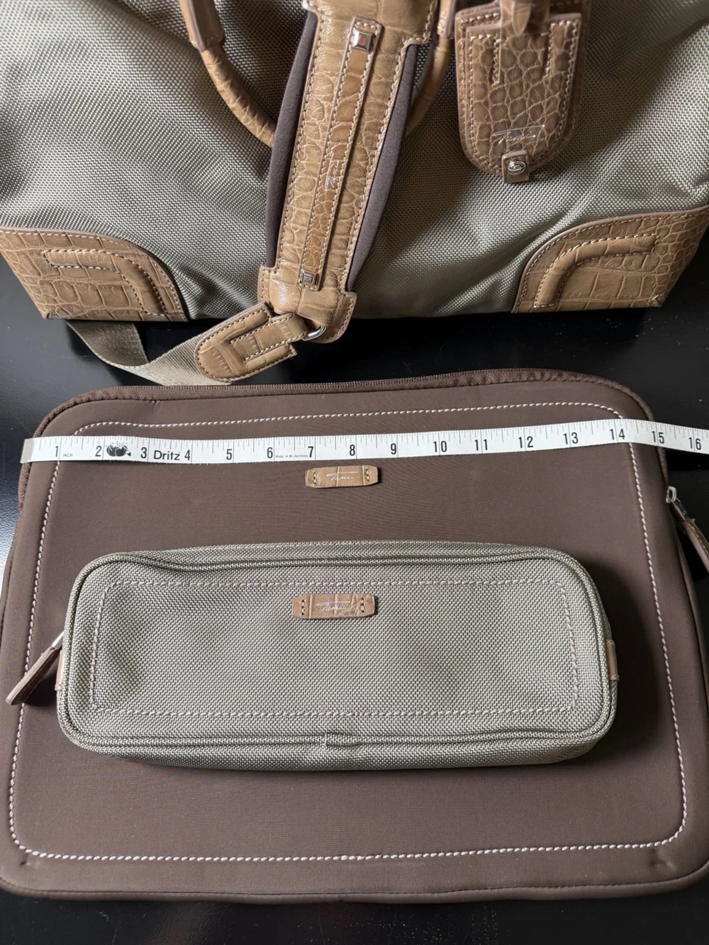 Tumi Tan & Taupe Laptop Bag Set with padded sleeve and accessory pouch.